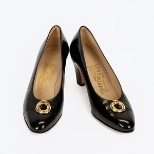 Ferragamo Black Patent Leather Pumps with Gold Wreath Charm